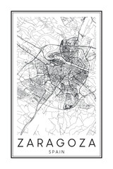 Obraz premium Hand drawn printable downtown road map poster of the Spanish city of ZARAGOZA on solid white background with city name