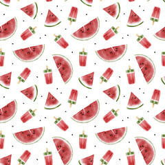 Seamless pattern with watercolor watermelon slices and ice cream. Bright summer fruit design perfect for bold fabric, party decor, digital paper and packaging