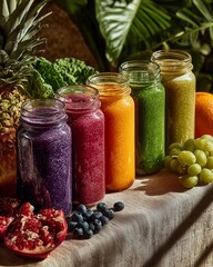 Glass jars of five colorful smoothie types made from fruit and vegetables