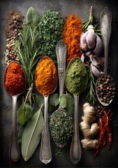 Set of various kinds of spices and fresh or dried herbs - pepper, paprika,  ginger, garlic, turmeric, rosemary, sage