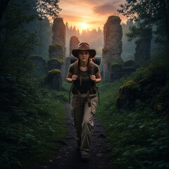 Woman walking along a path in a dark forest