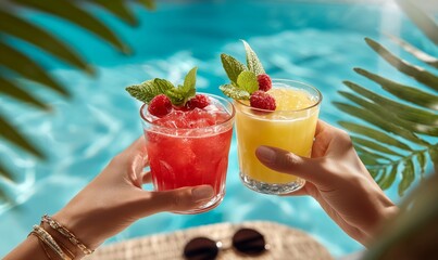 Two women's hands holding yellow and pink cocktails with raspberries and mint leaves and ice at the pool in summer 