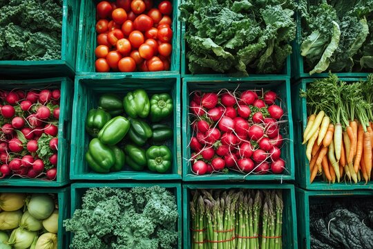 Fresh organic vegetables at the farmers' market in separate boxes