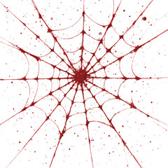 A red spider web with splatters against a white background, creating a striking and eerie visual effect.