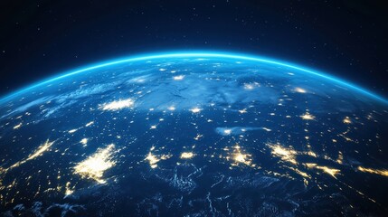 Obraz premium A vibrant view of Earth from space at night, showcasing city lights and the glowing blue atmosphere against a starry backdrop.