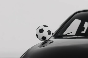 a black and white photo of a car with a soccer ball on it, with empty blank space for text copy space or mockup design, high detail, 8k
