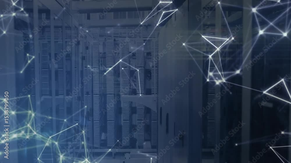 Poster glowing nodes appearing at left linking and pulsing over server racks visualizing network flow