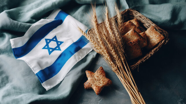 Israeli flag with matzah and wheat celebrating Passover - Powered by Adobe