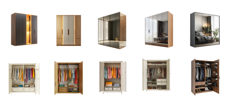 Collection of wardrobe with the doors closed but a hint of soft light coming from inside, suggesting it lit up. isolate on transparent background