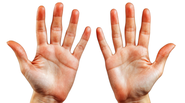 Two outstretched human hands against black background