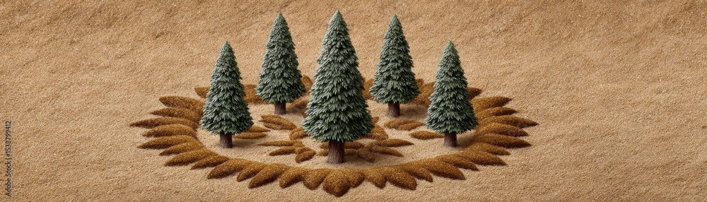 Poster miniature pine trees arranged in a circle on a textured surface, surrounded by a ring of brown leave
