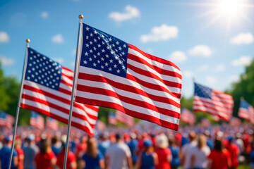 Crowd celebrating Independence Day waving American flags