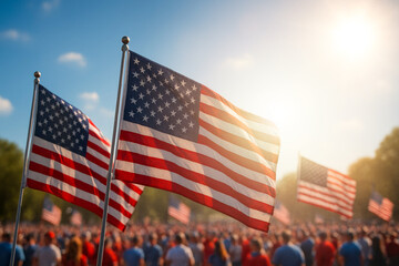 American flags waving in the wind during Independence Day celebration with crowd in background