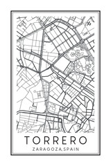 Obraz premium Hand drawn printable downtown road map poster of district TORRERO of the Spanish city of ZARAGOZA on solid white background with city name