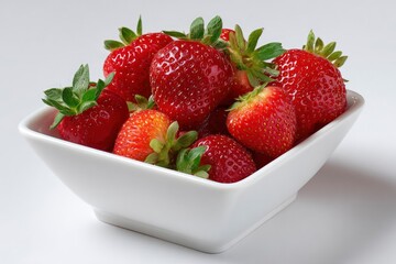 Strawberries fill a white square bowl with green leaves casting a shadow on a white surface