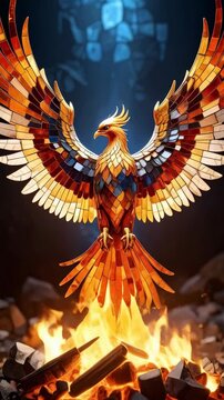 Ornate phoenix rises above burning fire with stained glass feather patterns on dark backdrop