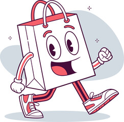 Happy Shopping Bag Mascot: An engaging, animated shopping bag character bounds forward with cheerful expression and a vibrant, energetic demeanor.