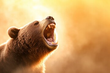 A bear is roaring in the sun, with its mouth wide open