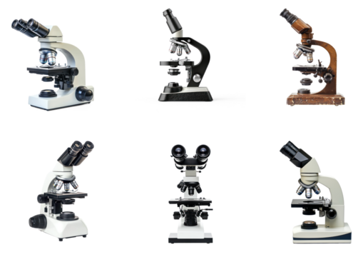 Collection of microscope with the eyepiece and objective lenses turned slightly to the side, highlighting the details. isolate on transparent background