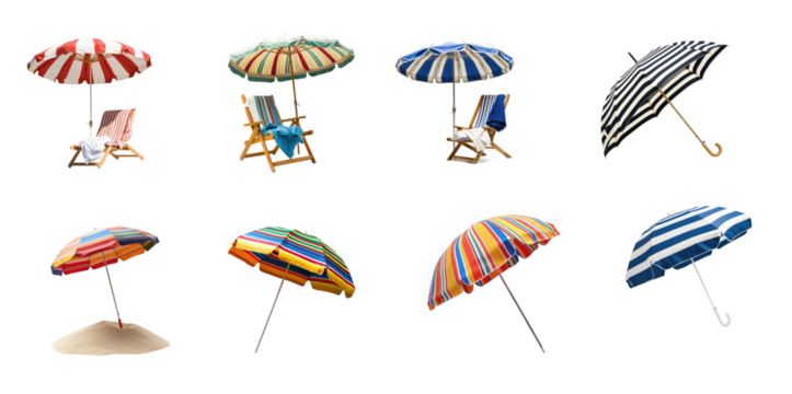 Collection of wide-striped beach umbrella resting on a beach chair, with towels draped over it. isolate on transparent background