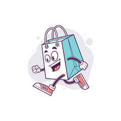 Energetic Shopping Bag: A lively shopping bag character dashes across the scene, exuding energy and enthusiasm with its smiling face and animated pose. A perfect embodiment of consumerism and retail