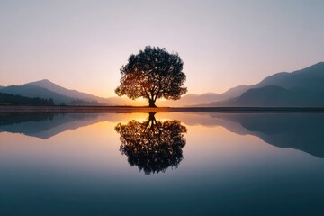 Silhouetted tree mirrored in calm waters at sunrise.