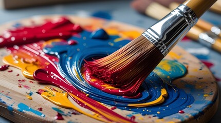 Fototapeta premium Paintbrush in Motion Vivid Color Swirls on an Artist Palette