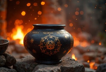 Ancient pottery jars against the backdrop of flames