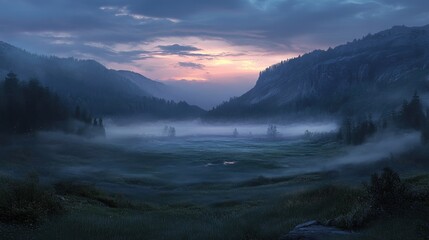 Obraz premium Serene Foggy Valley at Dusk with Soft Light and Majestic Mountains in Background