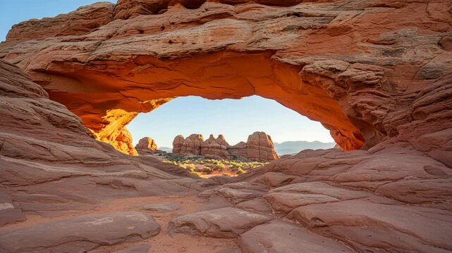 Exploring a Red Rock Arch Landscape at Sunrise in Desert Terrain