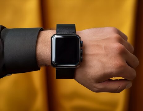 Close-up of Apple Watch on a Man's Wrist with Black Leather Strap and Dark Screen, Time Management Concept
