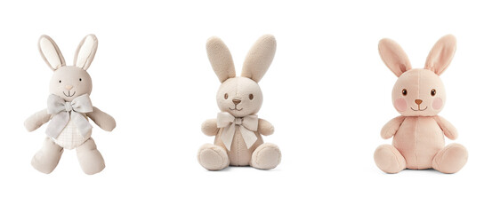 Fototapeta premium Collection of plush rattle in the shape of a soft bunny, with a gentle jingle inside. isolate on transparent background