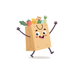 Happy grocery bag: A charming illustration of a cheerful grocery bag overflowing with fresh produce and essential items, radiating joy and health, bringing the excitement of a visit to the market.