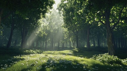 Obraz premium Ethereal Forest Landscape with Sunlight Filtering Through Green Canopy and Flower-Filled Ground in Peaceful Nature Scene
