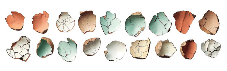 Varied broken eggshells, various hues, on black