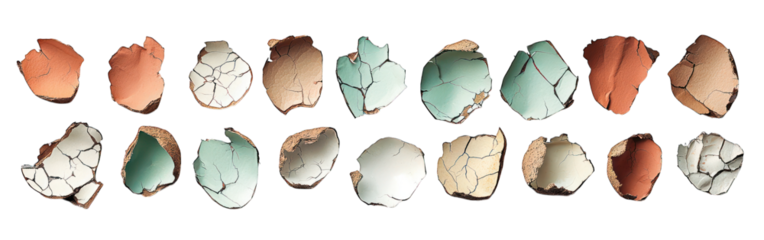 Varied broken eggshells, various hues, on black