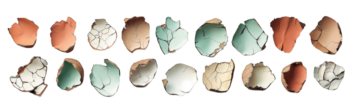 Varied broken eggshells, various hues, on black