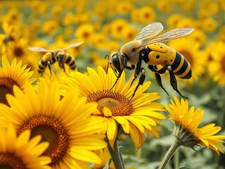 Futuristic robotic honeybees pollinating bright yellow sunflowers in high-tech agricultural field, mix of nature and technology, vibrant color palette, Ai Generate.