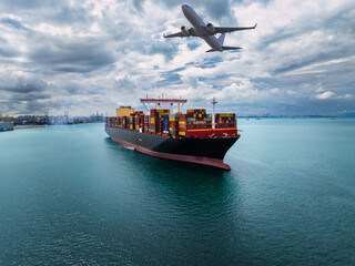 plane logistic and cargo container ship sailing in sea  import export goods and distributing...