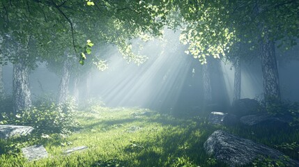 Fototapeta premium Enchanting Forest Scene with Sunlight Filtering Through Lush Green Trees and Misty Atmosphere