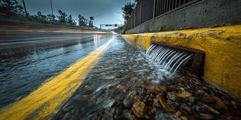 Urban drainage during heavy rain. Water flows along the road, collected by a drain, showcasing infrastructure and the impact of rainfall. Movement and flow.