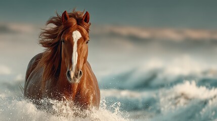 Horse galloping through waves at the beach during sunset with beautiful ocean backdrop