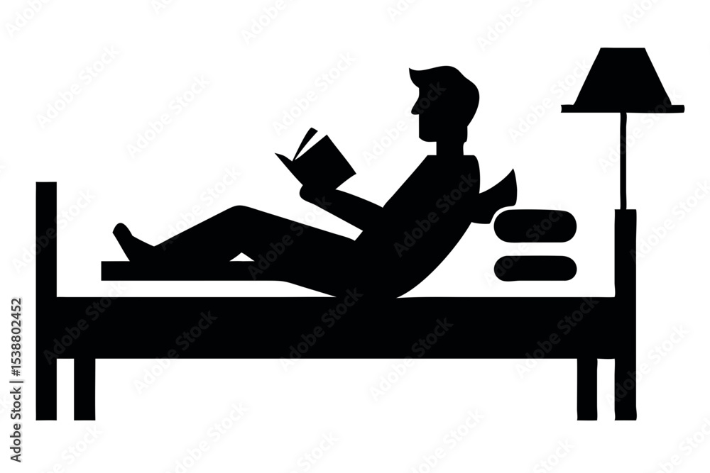 Poster silhouette of a person reading a book while lying in bed next to a lamp in a minimalist style create