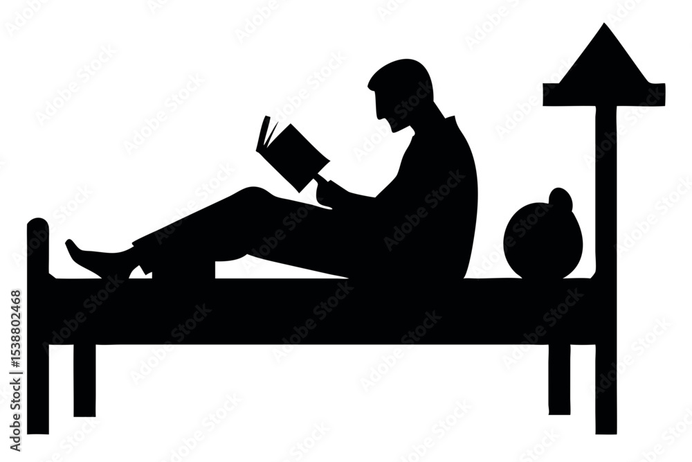 Poster silhouette of a person reading a book while sitting on a bed with a decorative headboard design elem
