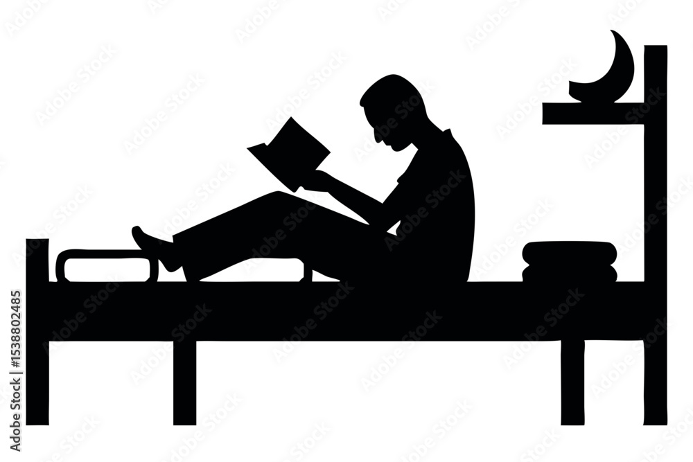 Poster silhouette of a person reading a book while sitting on a bed with a shelf and crescent moon above it