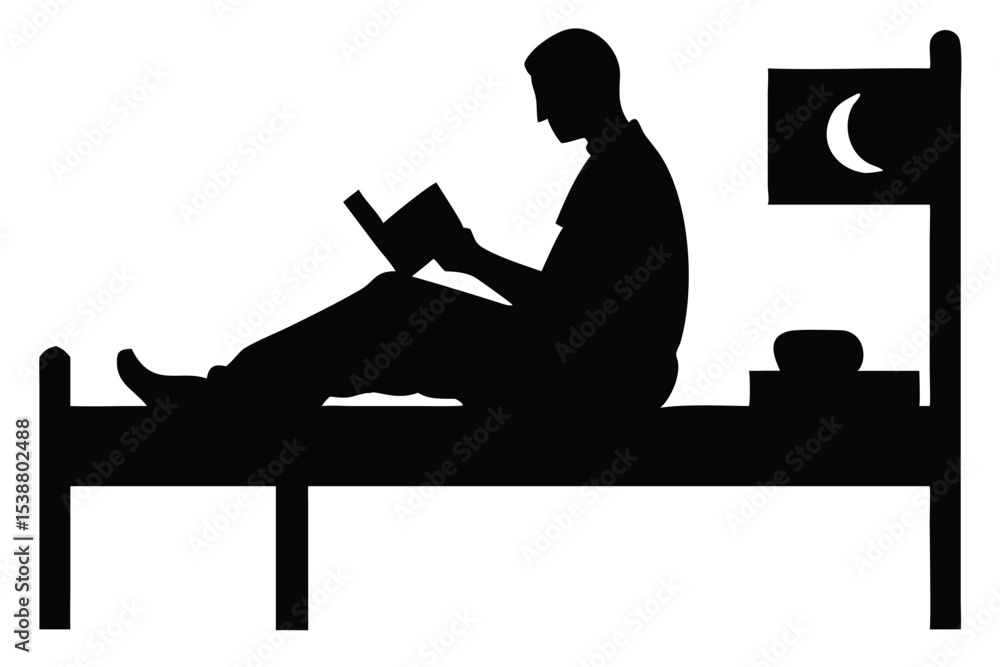 Poster silhouette of a person reading a book in bed next to a flag with a moon on it at nighttime created w