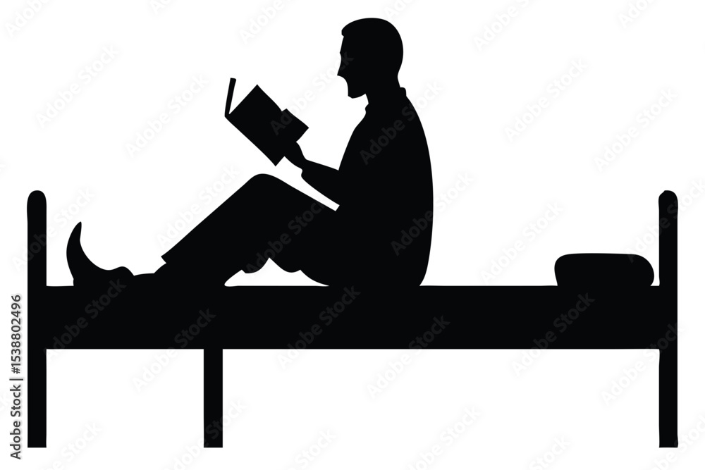 Poster silhouette of a man sitting on a bed reading a book with a pillow and white background image view cr