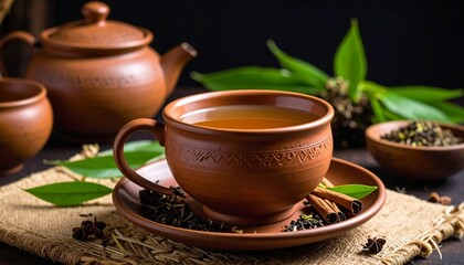 Herbal spiced tea served in a handmade terracotta cup with dried spices aroundGenerated image
