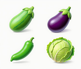 Cute 3D vegetable icon collection zucchini, eggplant, chili, green bean, and cabbage high detail and playful design, 3-row layout, isolated on white, Ai Generate.