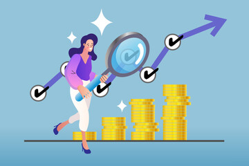 A businesswoman uses a magnifying glass to analyze a growth graph with checkmarks. Stacks of coins represent financial success achieved through careful data analysis, auditing, and business strategy.